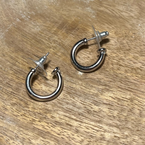 Silver Tone Half Hoop Earrings - Picture 2 of 8